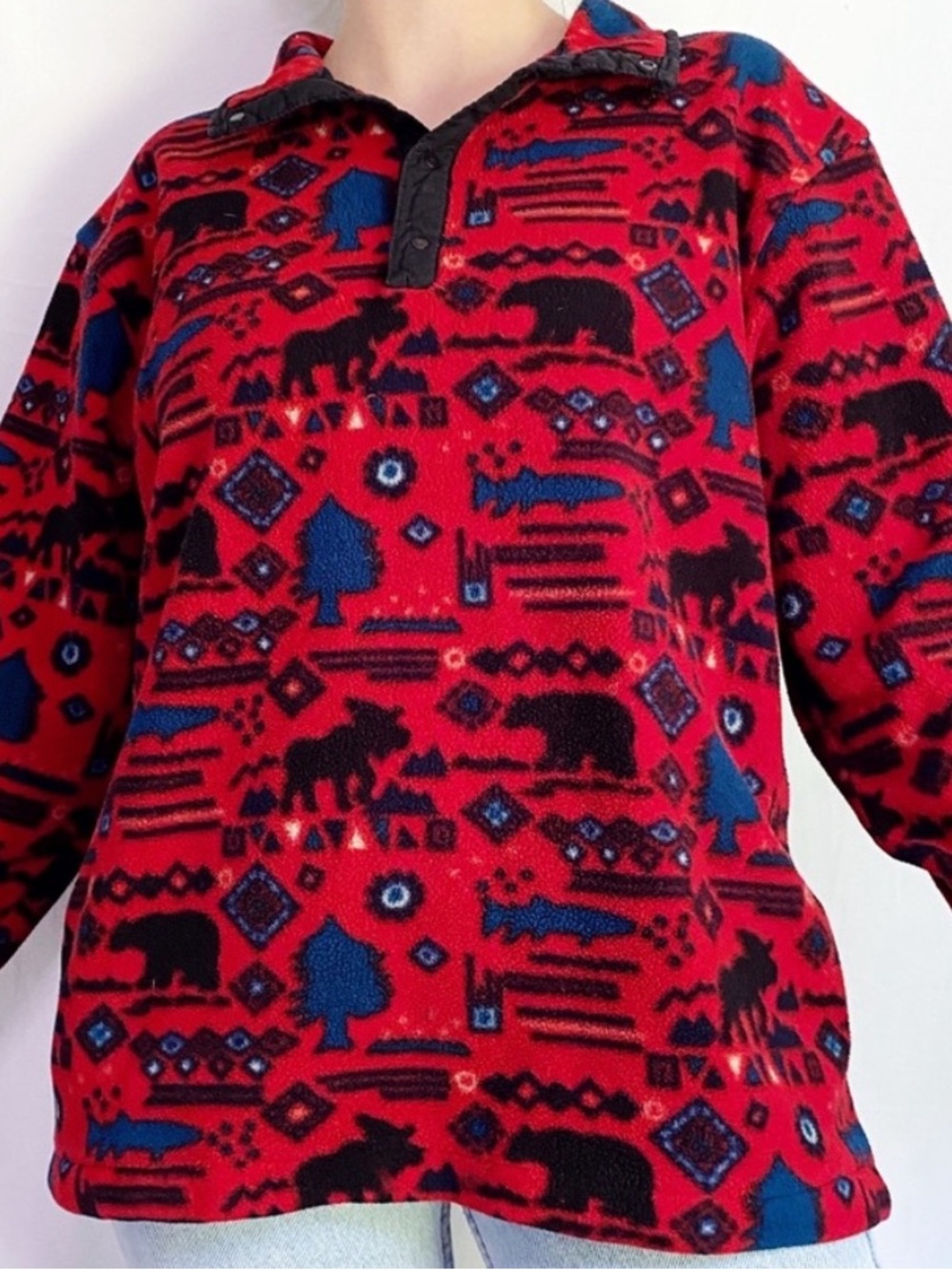 Vintage 90s LL Bean Moose Bear Fish Fleece Pullover Size Large Made In USA